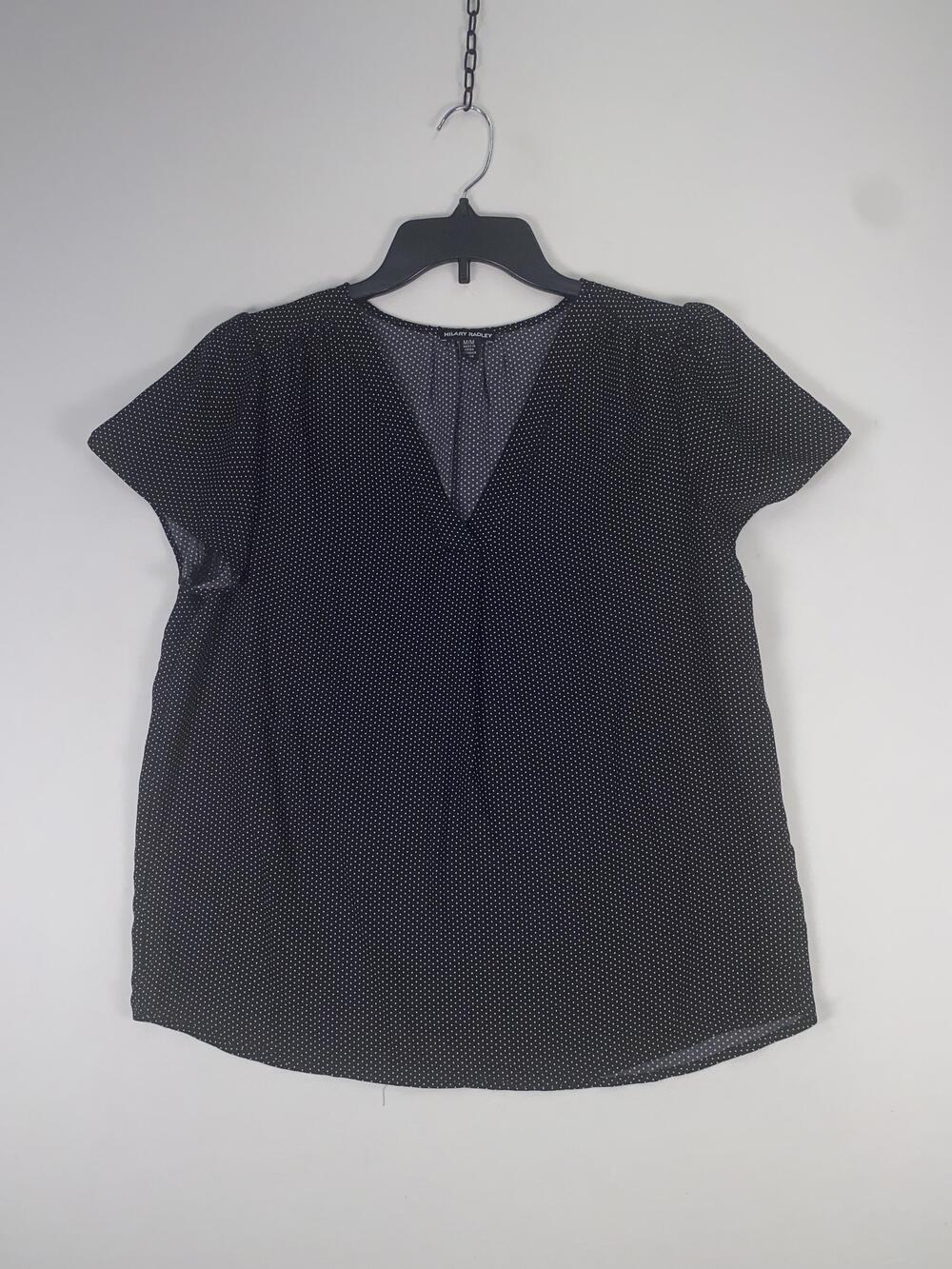 Hilary Radley Blouse Womens Medium Black Polka Dot Woven Short Sleeve V Neck Top